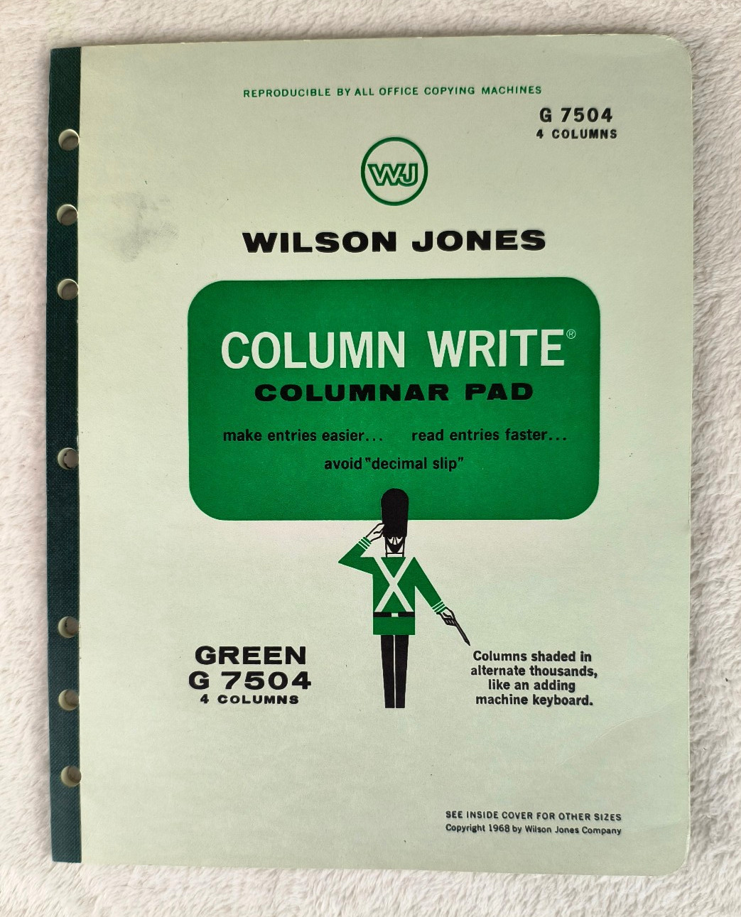 Wilson Jones Columnar Pad Green G 7504 4 Column Write Copyright 1968