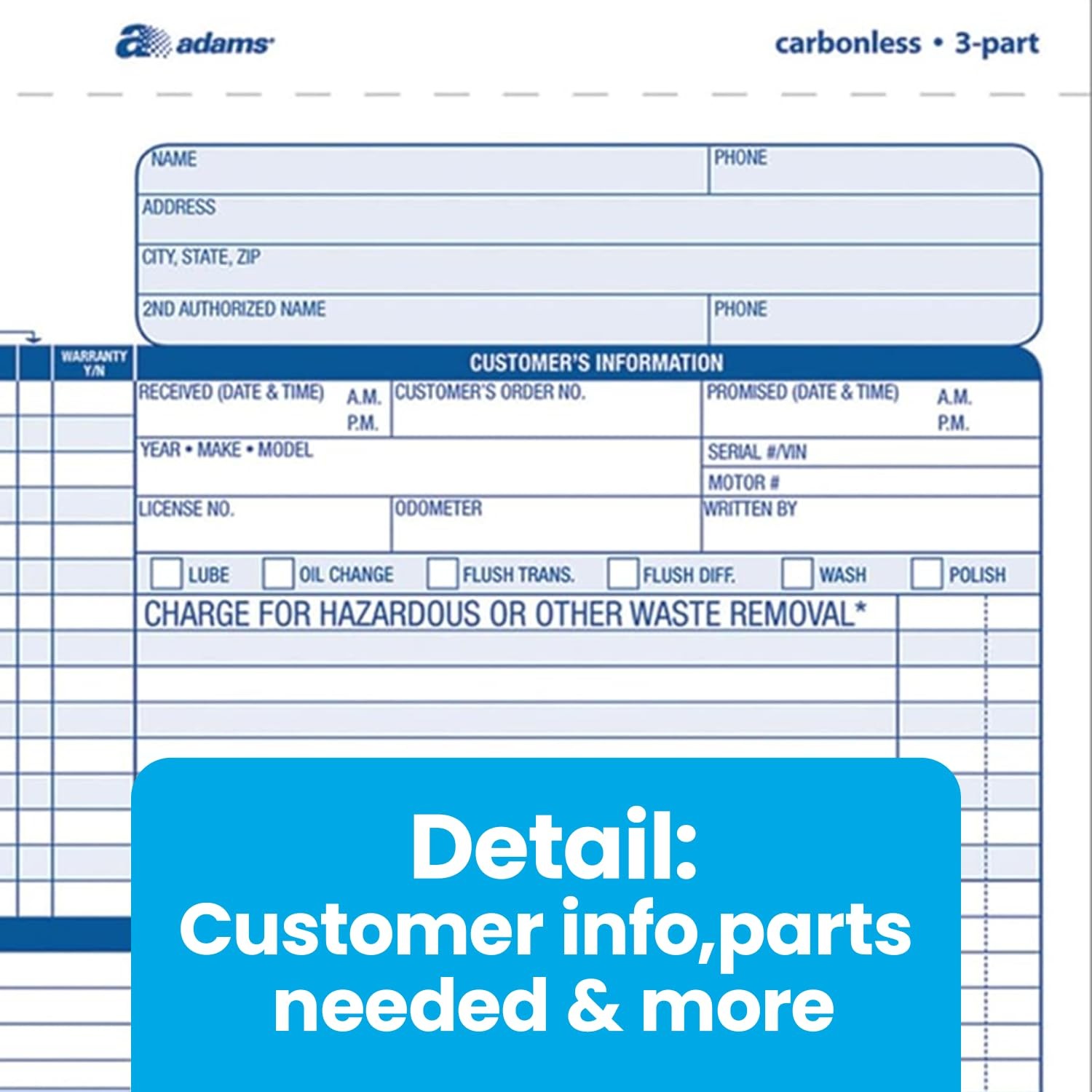 Adams Auto Repair Order Forms, 8.5 x 7.44 Inch, 3-Part, Carbonless, 50-Pack