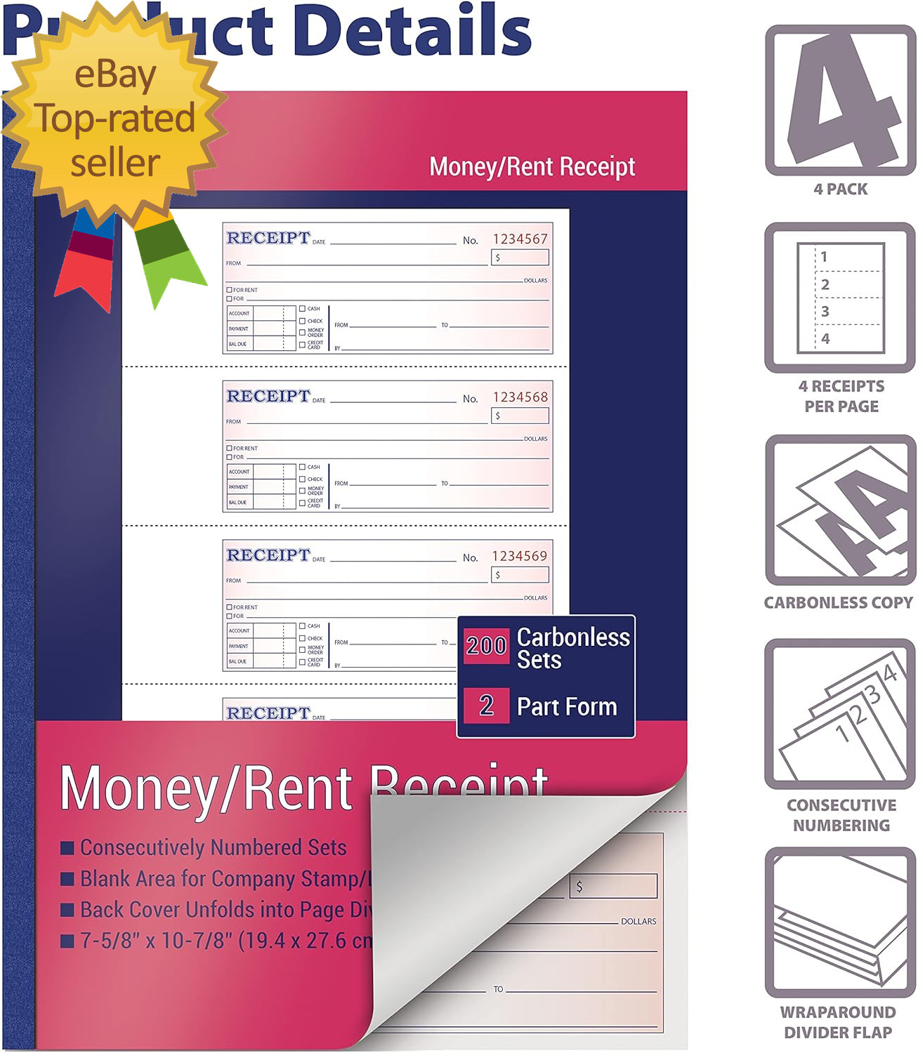 Cash Money and Rent Receipt Books 4 Pack Large Size 2-Part Carbonless