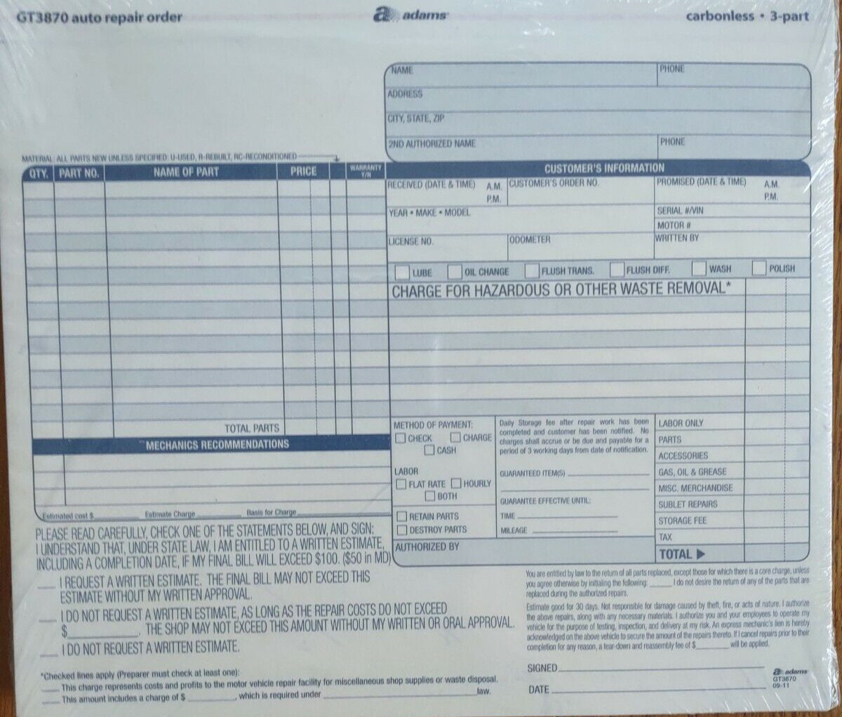 Adams GT3870 Auto Repair Order Book-Brand New-SHIPS N 24 HOURS