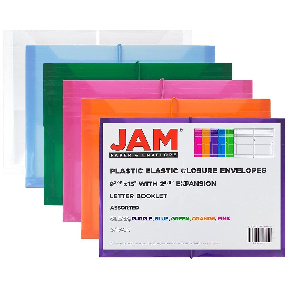 JAM PAPER Plastic Expansion Envelopes with Elastic Band 6 per Pack, Assorted