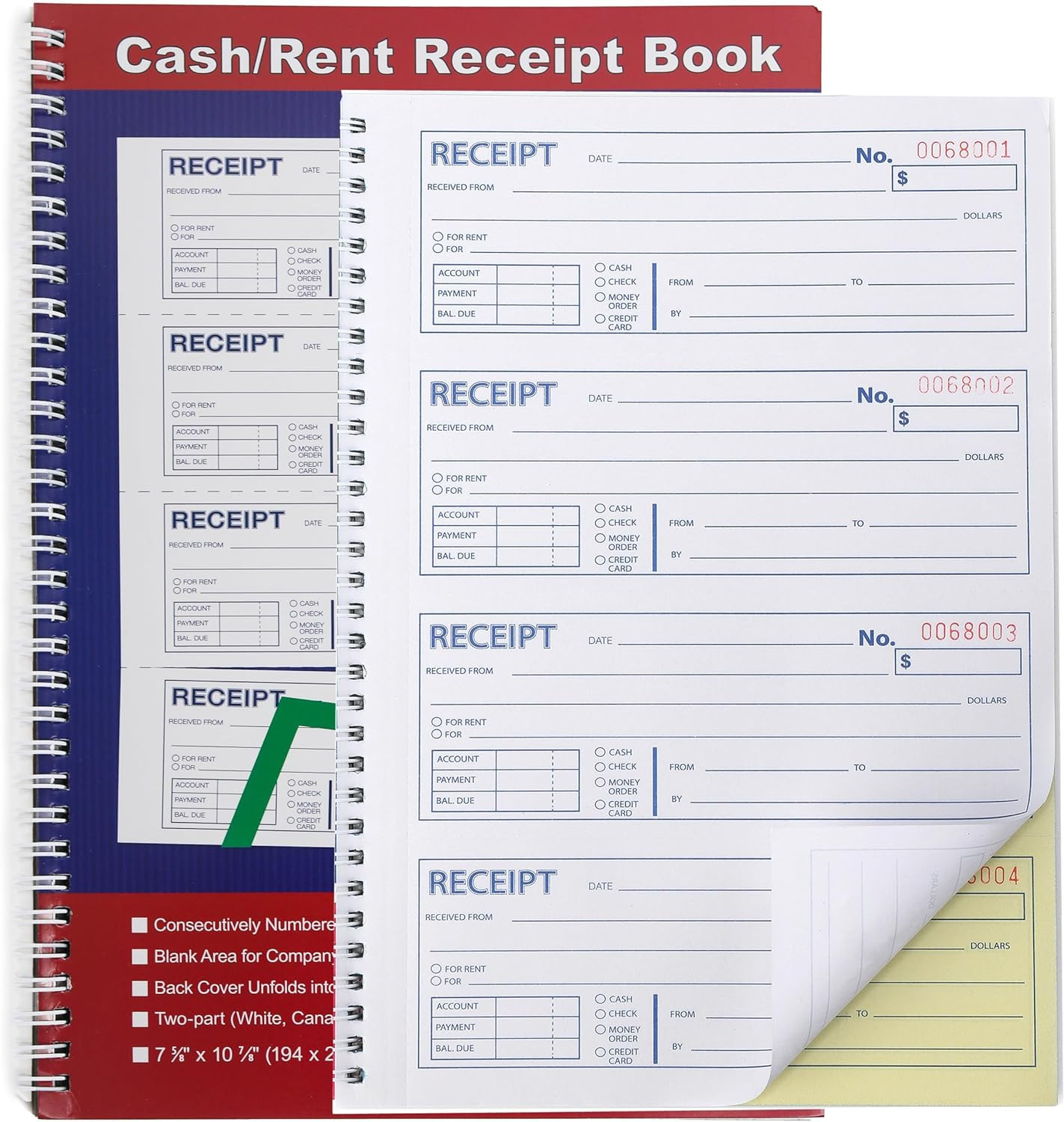 Money and Rent Receipt Book 2-Part Carbonless 7-5/8″ X 11″ Spiral Bound 200 Set