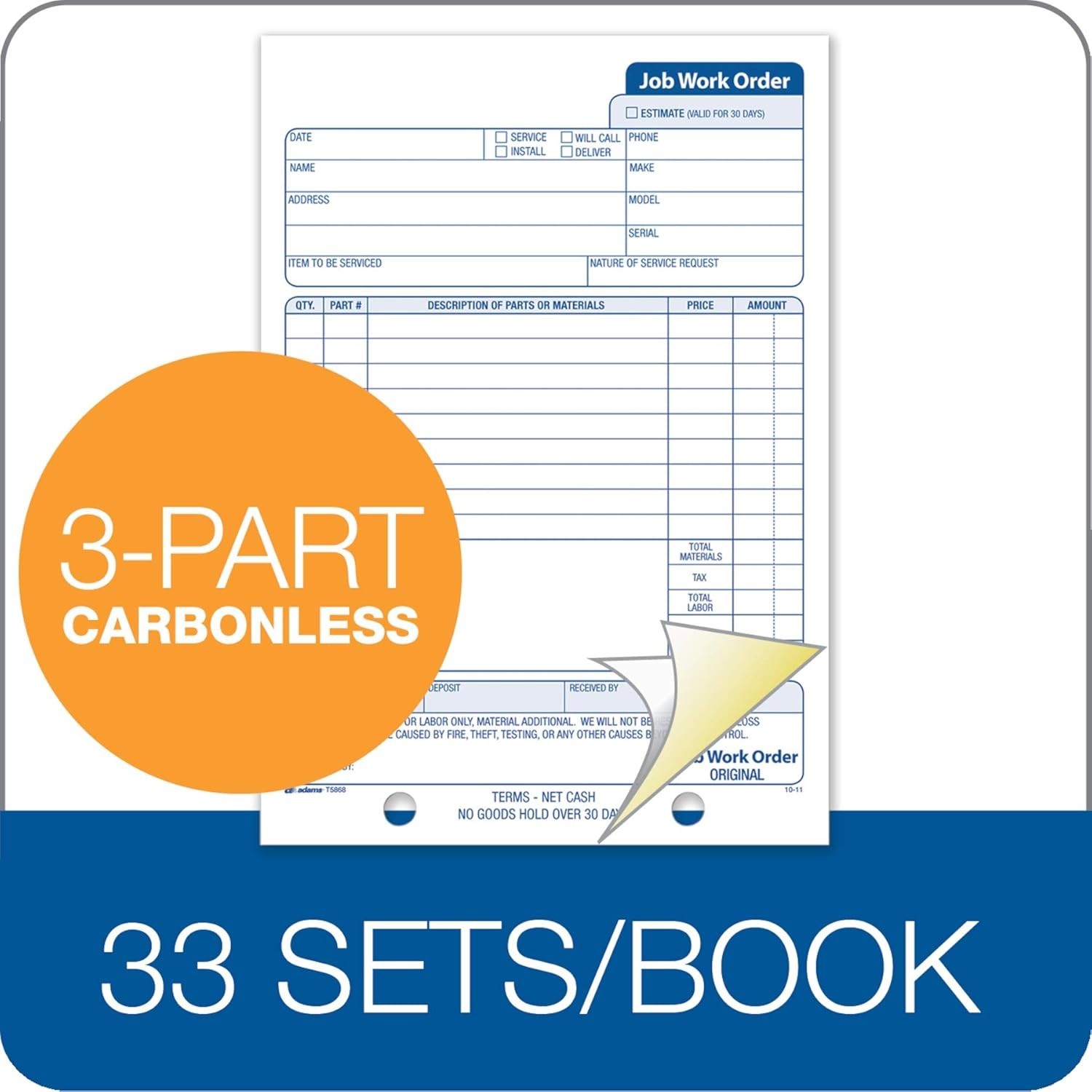 Adams Job Work Order Book, 3-Part Carbonless, White/Canary/White, 5-9/16 x