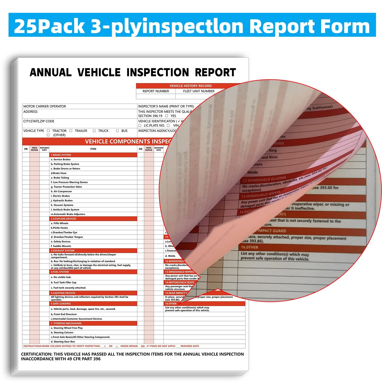 Annual Vehicle Inspection Report Form and Label, 25-Pack 3-Layer Vehicle Insp…