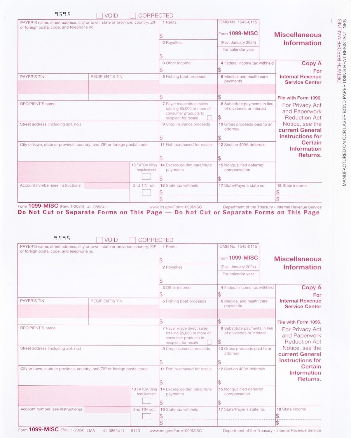 MISC Forms 2020, 4 Part Tax Forms for 50 Individuals Income Set of Laser Forms