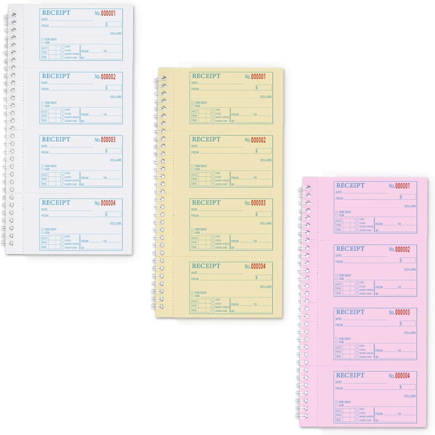 3 Part Carbonless Receipt Book 100 Sets Money Rent Receipt Book Numbered Spiral