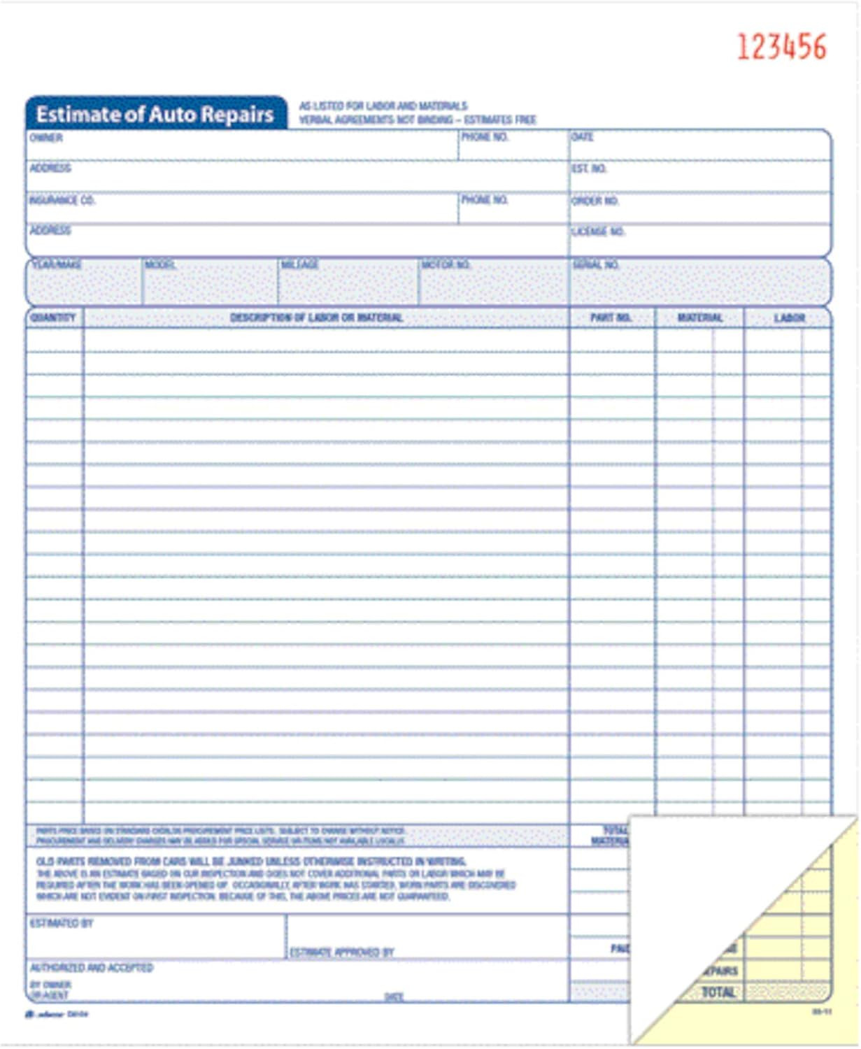 Auto Repair Estimate Book, 2-Part, Carbonless, White/Canary, 8-3/8 X 10-11/16 In
