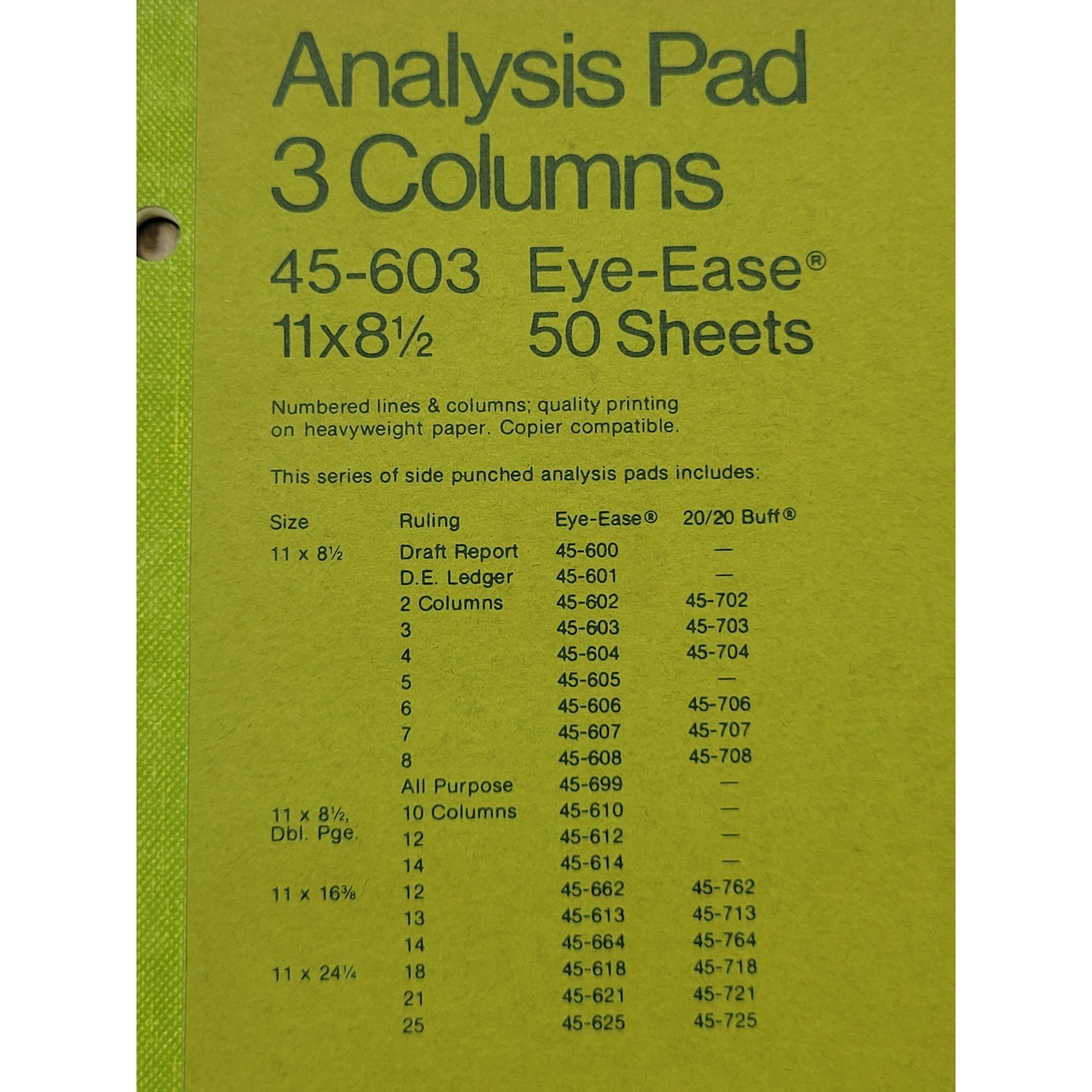 National 45-603 Analysis Pad 3 Columns Eye-Ease Green 11×8.5 50 Sheet Made in US