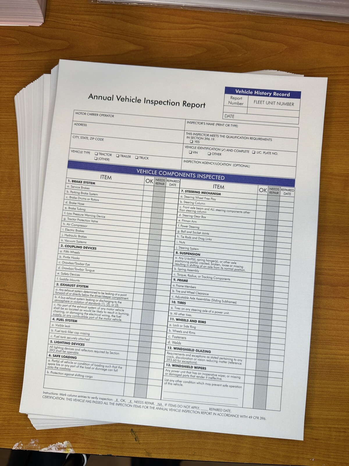 50-PACK. Annual Vehicle Inspection Report Form. 3-Ply, Carbonless. FMCSA DOT.