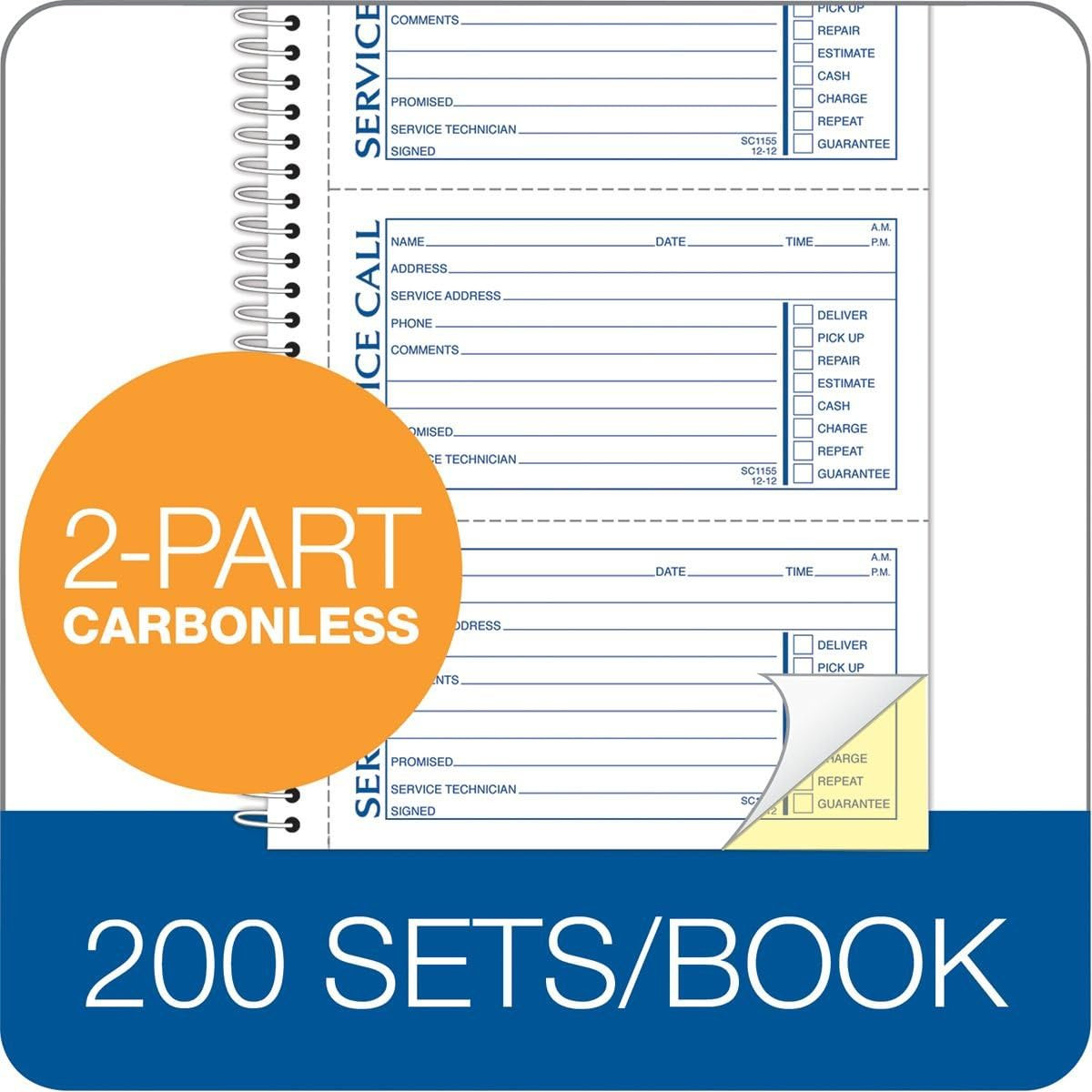 Service Call Book, 5.25 X 11 Inch, Spiral Binding, 2-Part, Carbonless, 4 Message