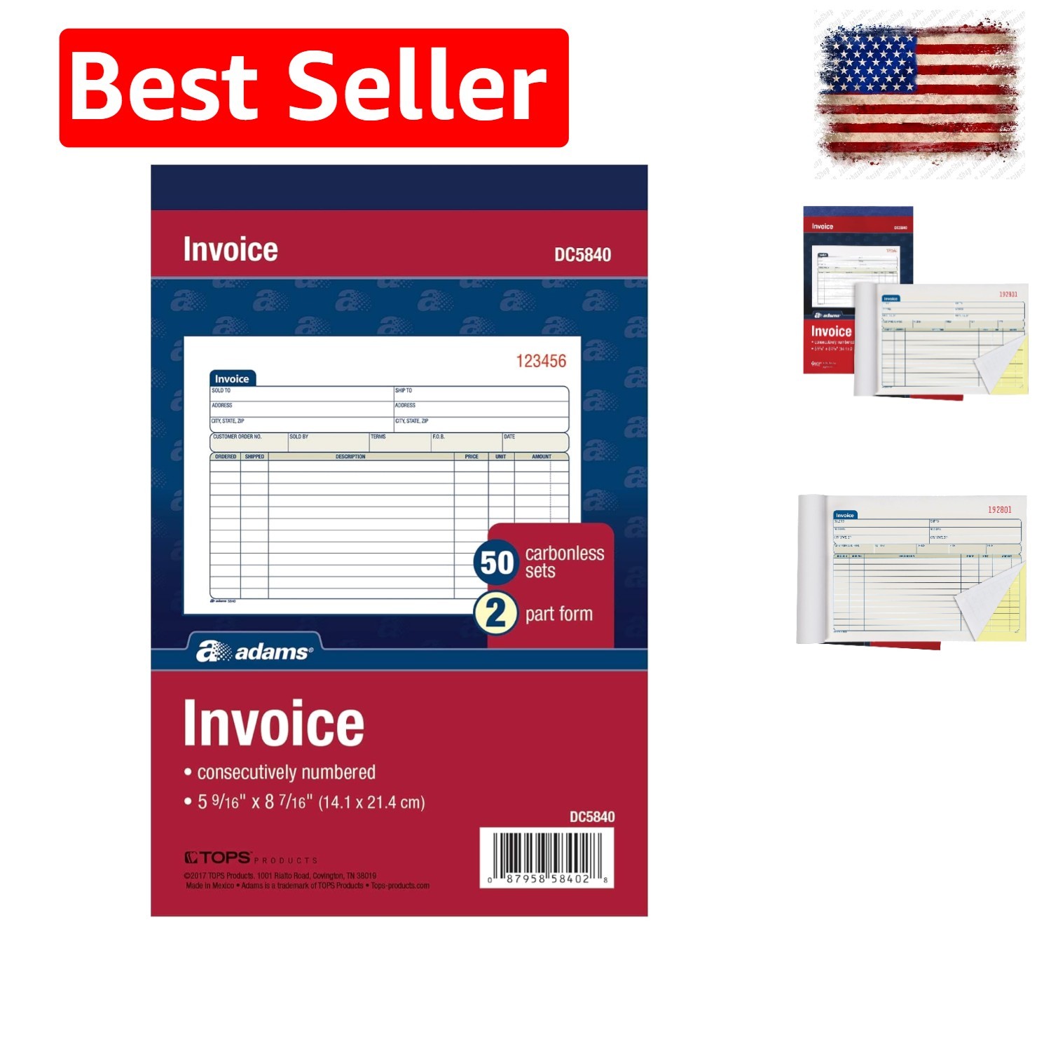 Invoice Book, 2-Part, Carbonless, 5-9/16 x 8-7/16 Inches, 50 Sets per Book