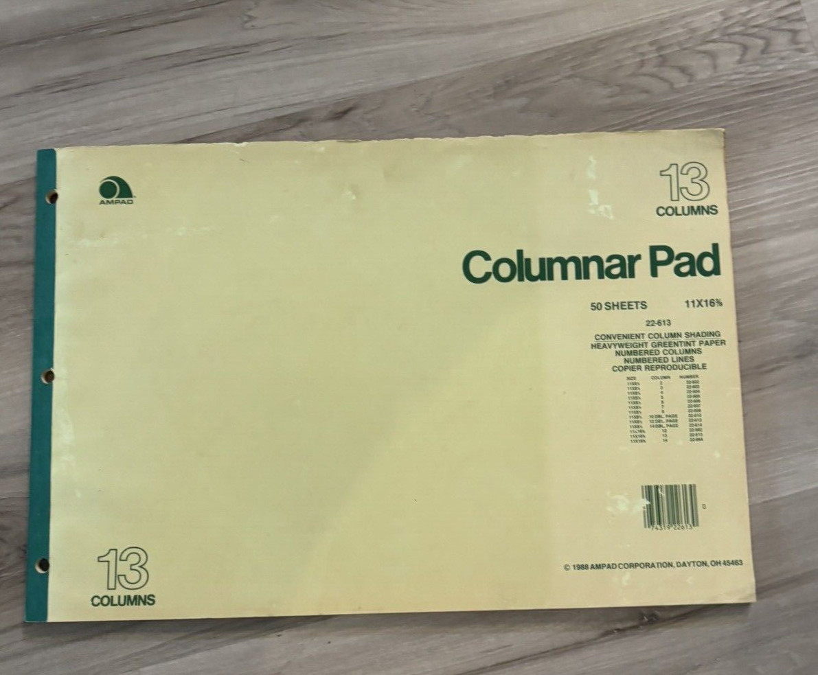 Vintage AMPAD Columnar Pad Column Ruling 13 Columns 16.5″ x 11″