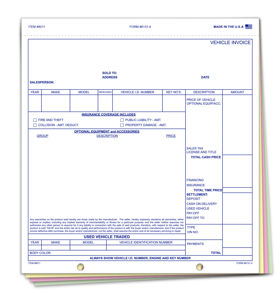 100 PACK VEHICLE INVOICES 4 PART CARBONLESS PLAIN INVOICE PLAIN CAR DEALER