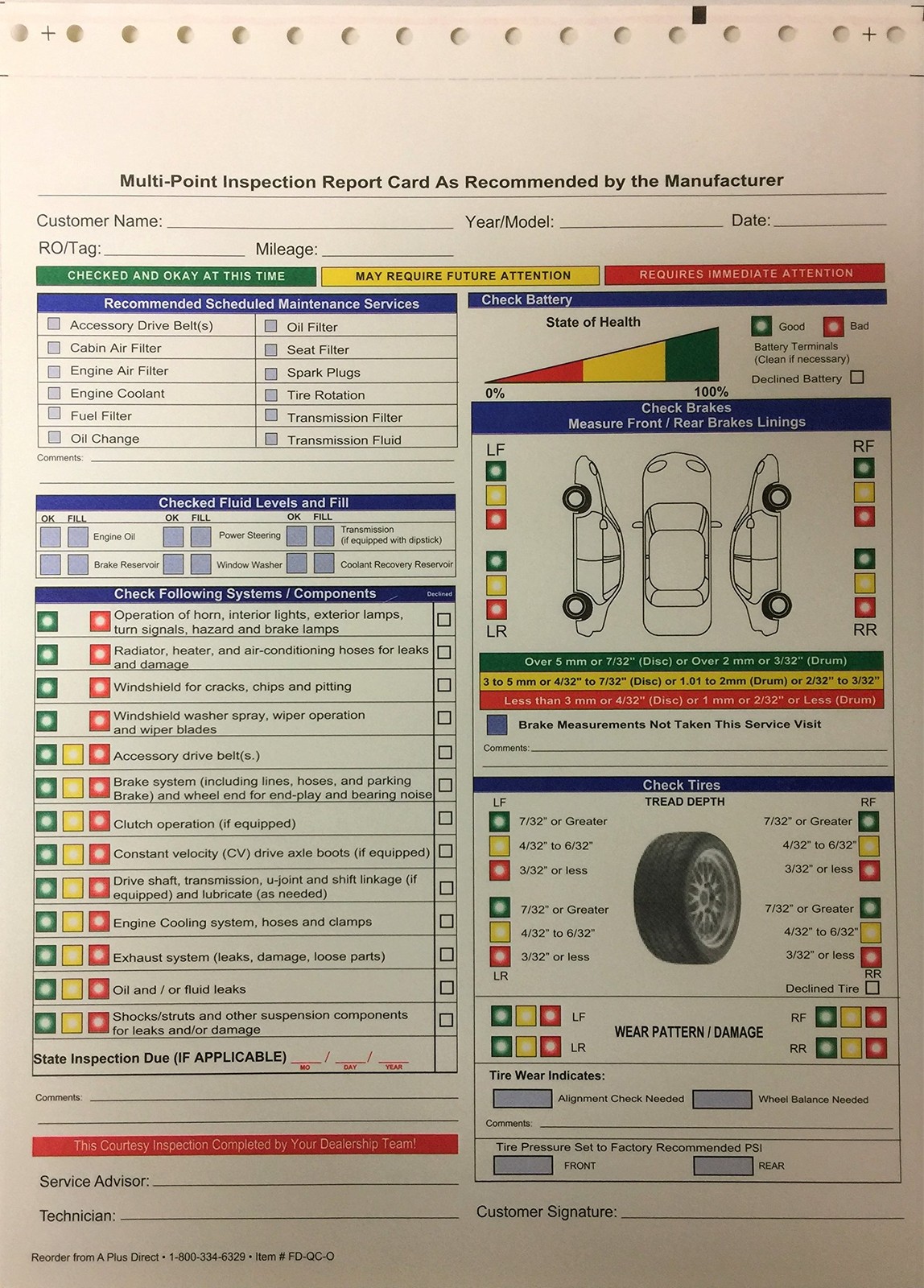 Multi Point Inspection Forms 812×11 Carbonless 250 Count for Auto Repair Shops