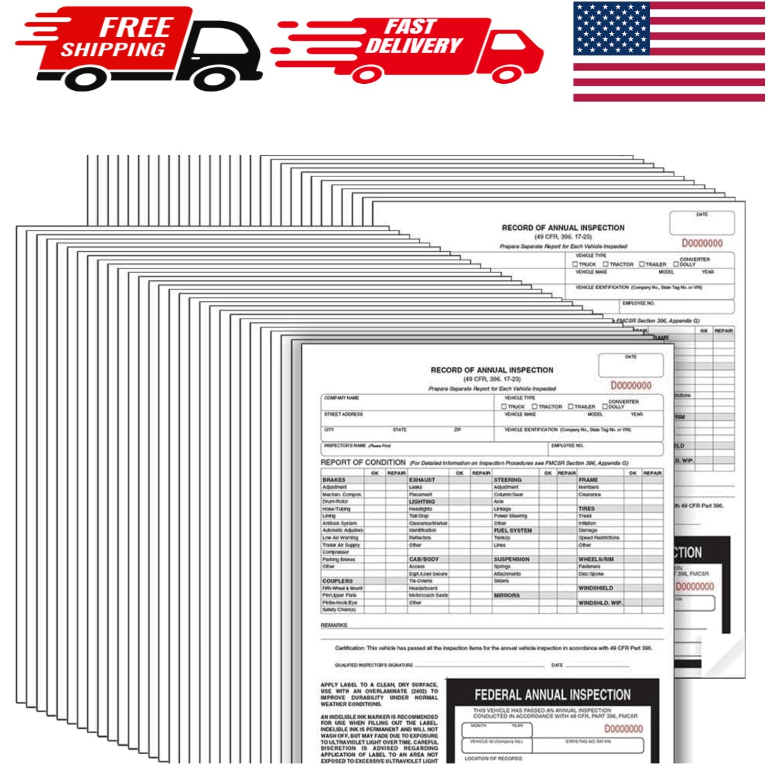 J. J. Keller 50-Pack Inspection Forms – 2-Ply Carbonless, Fade Resistant Labels