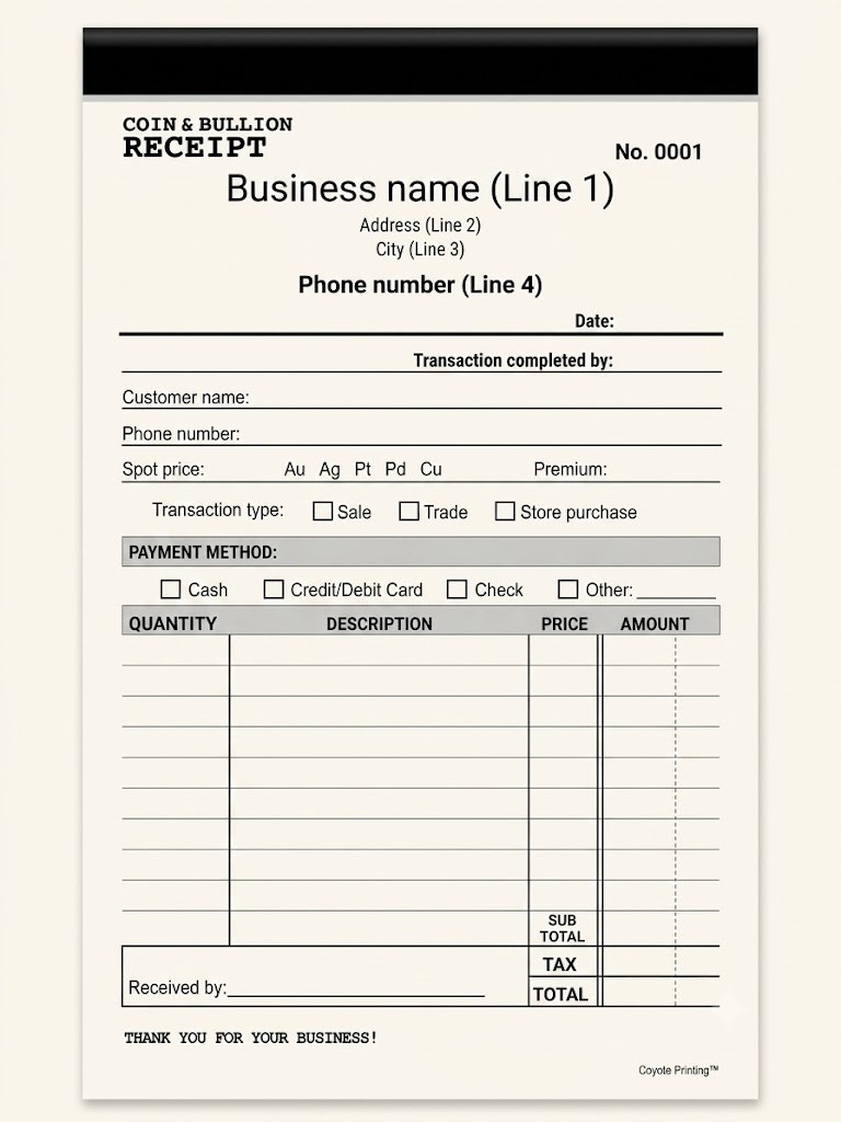Custom Coin and Bullion Receipts (250 sets of receipts per order)