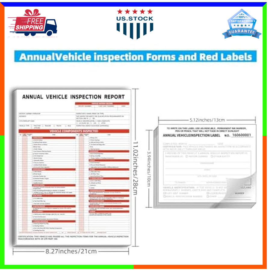25 Pack Annual Vehicle Inspection Forms & Vinyl Labels 3 Layer Report Set