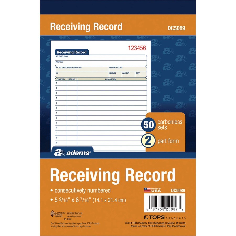 Adams DC5089 Receiving Record Book 50 Sheets Carbonless 8.43″x5.56″