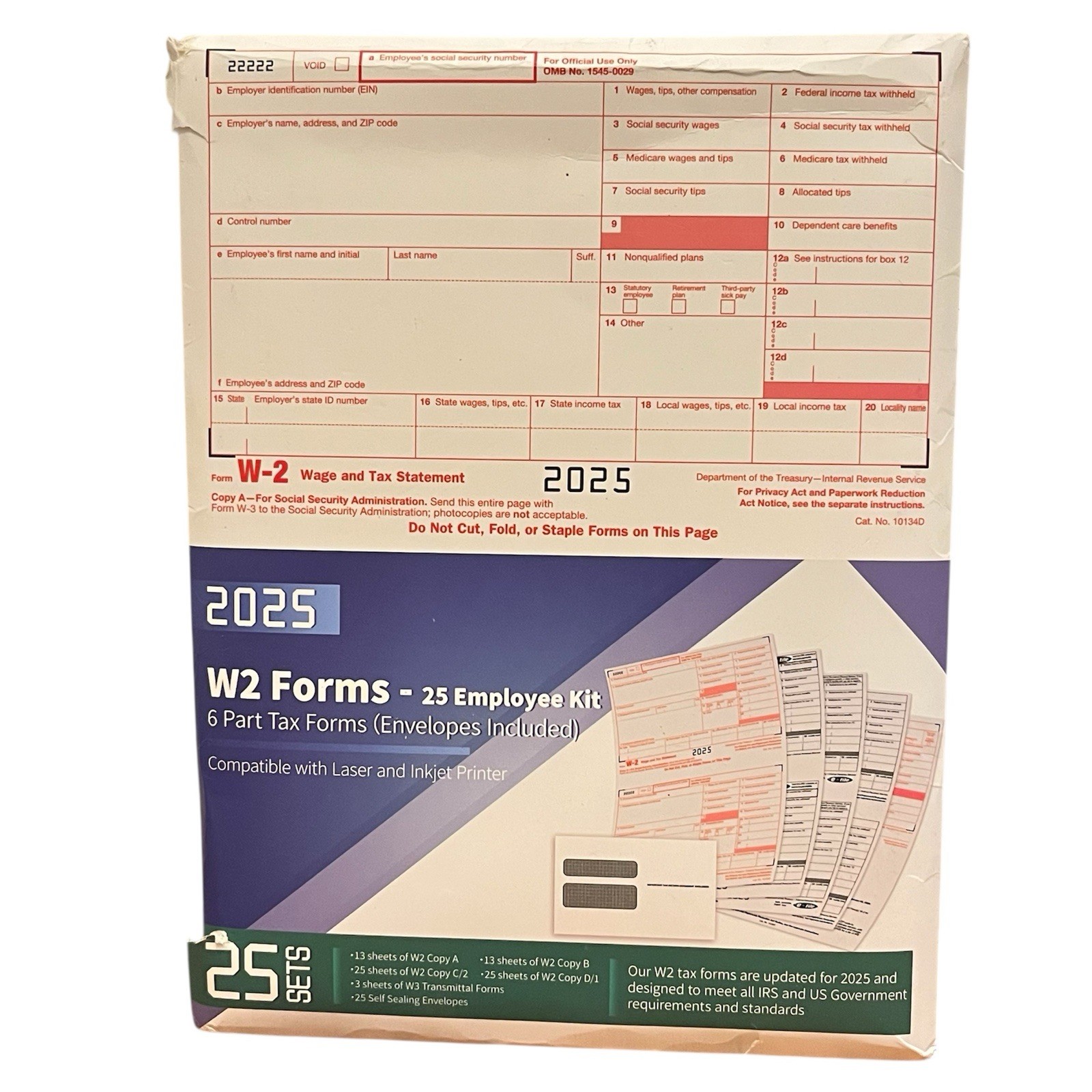 2025 W2 Tax Forms Kit with Envelopes – 25 Employee Set with W3 Forms