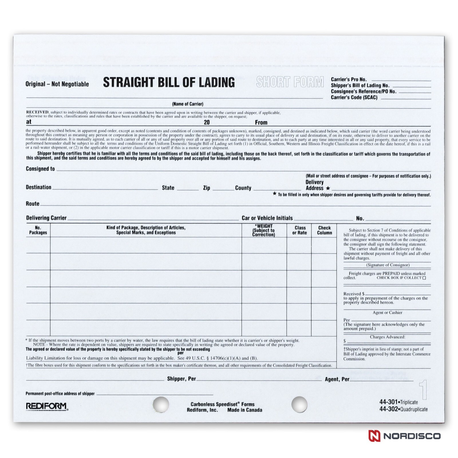 Rediform 44-301 Straight Bill of Lading, 3-Part, Pack of 50 Sets