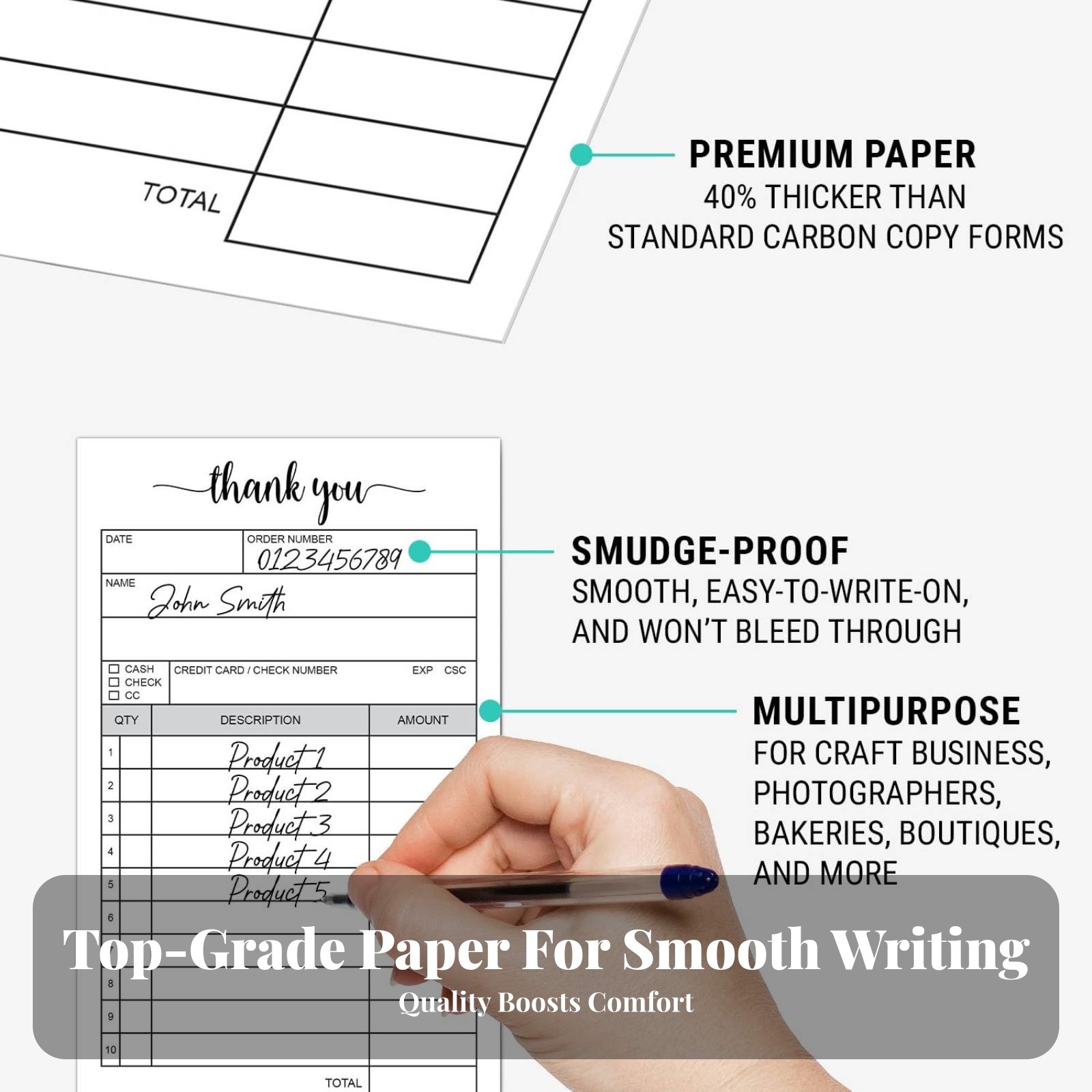 Non-Carbon Receipt Pad White and Yellow Order Form Pad Chipboard Backing