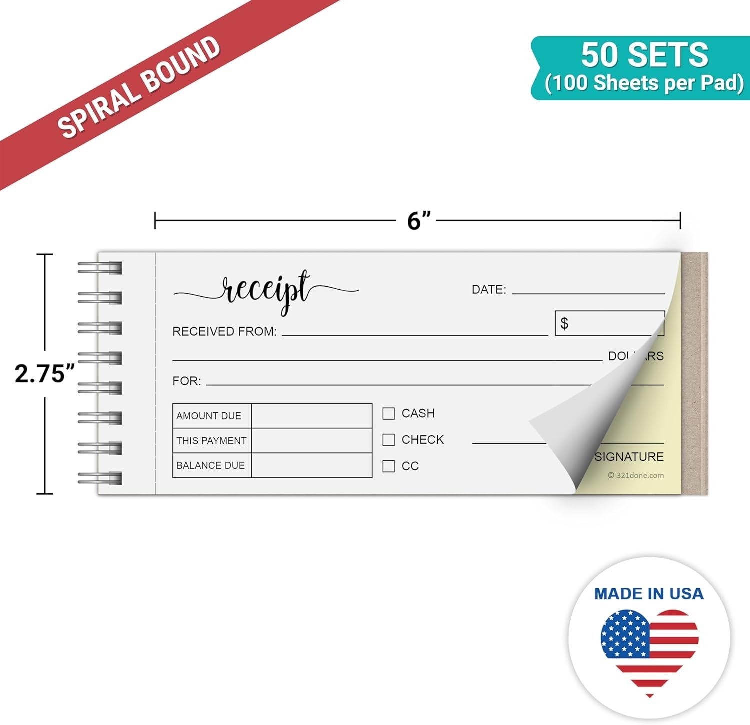 Receipt Book, 2-Part Carbonless Spiral Bound 2.75×6 – , 50 White/Yellow Pages…