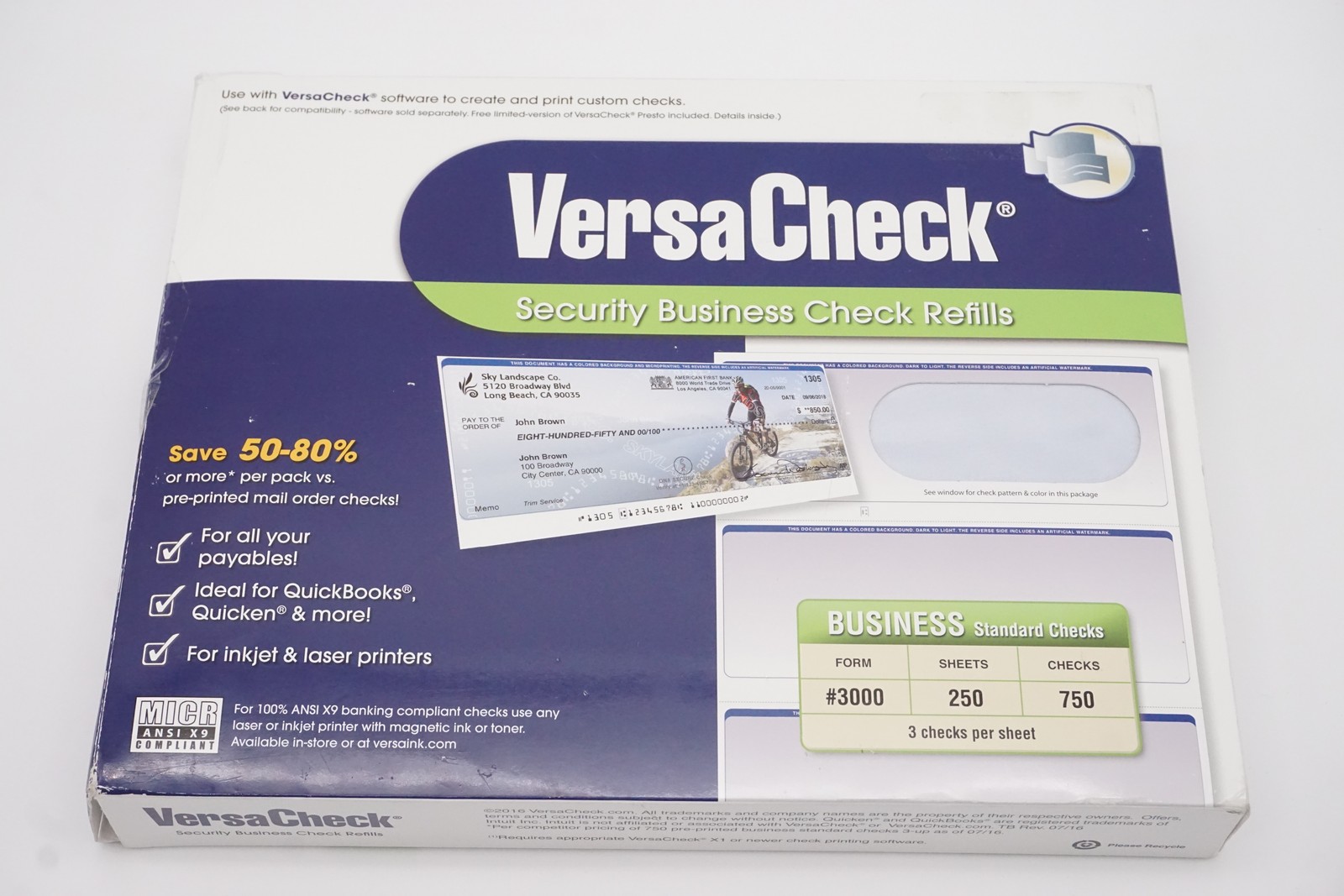 VersaCheck Form 3000 750 Blank Security Business Check Refills