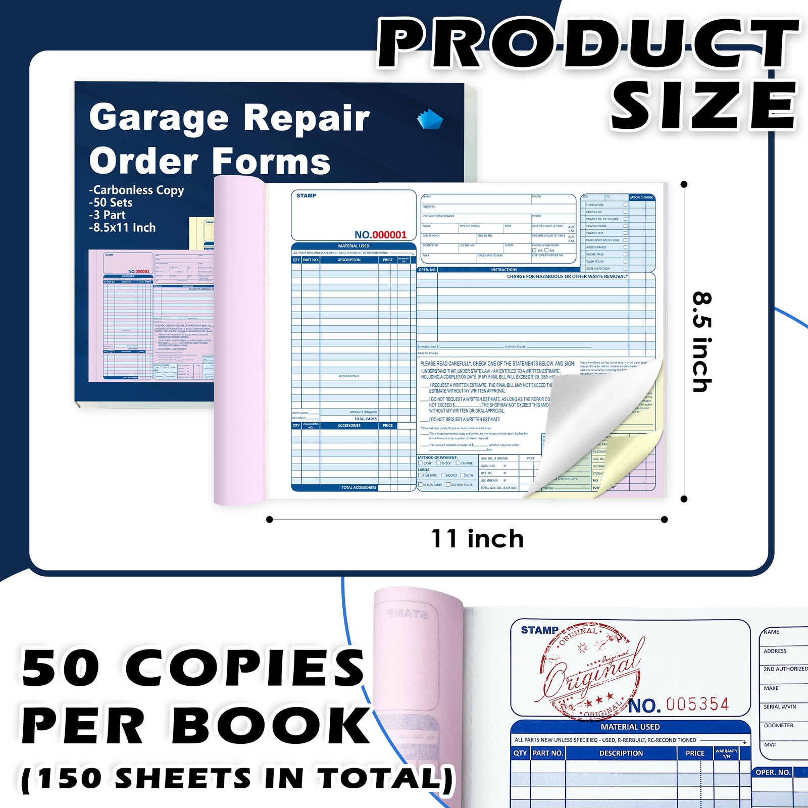 200 Sets 3 Part Auto Repair Order Forms 8.5×11 Inch Carbonless Duplicate Receipt