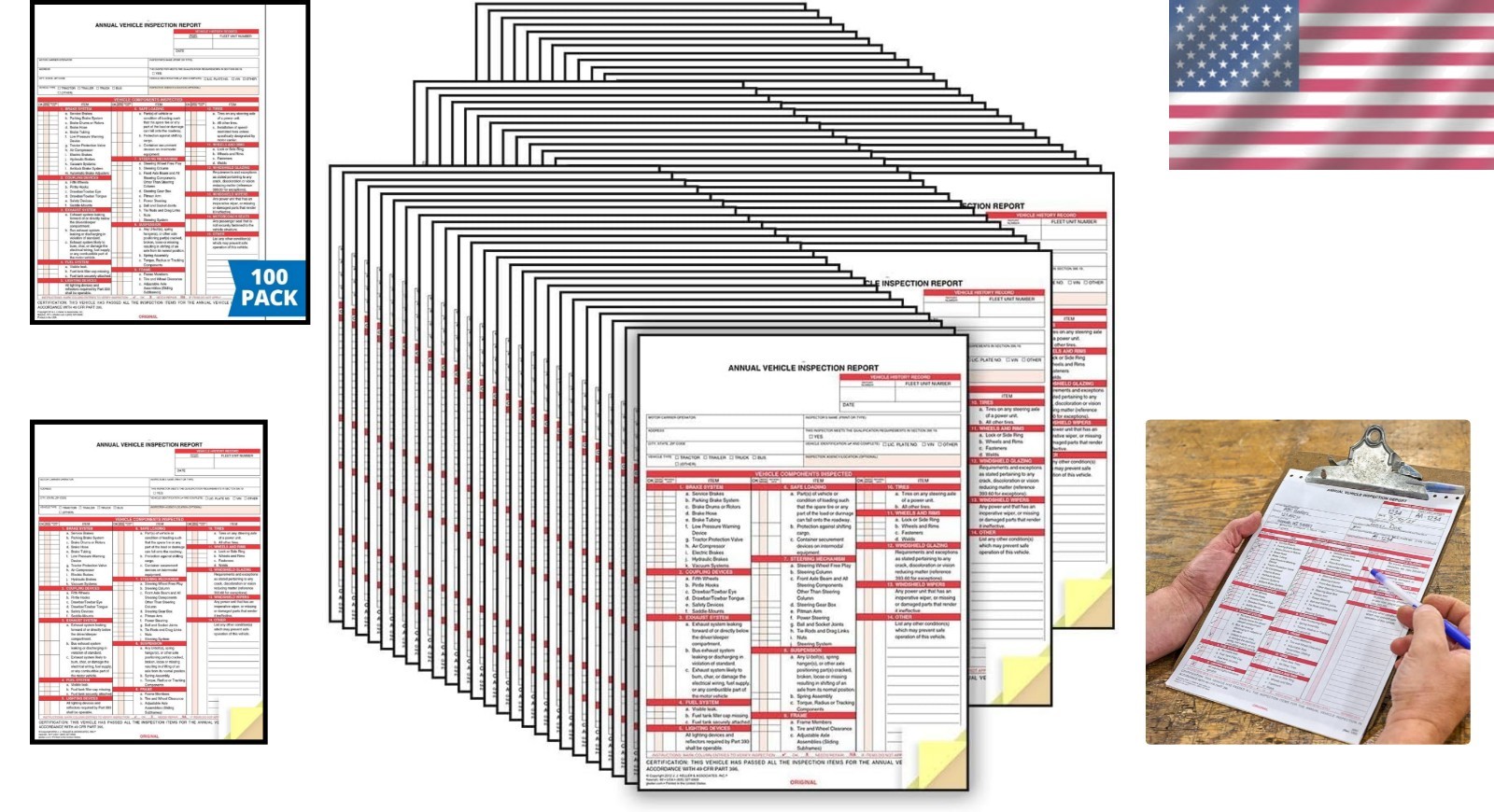 3-Ply Carbonless Vehicle Inspection Forms – 100-Pack, Compliant & Durable Design
