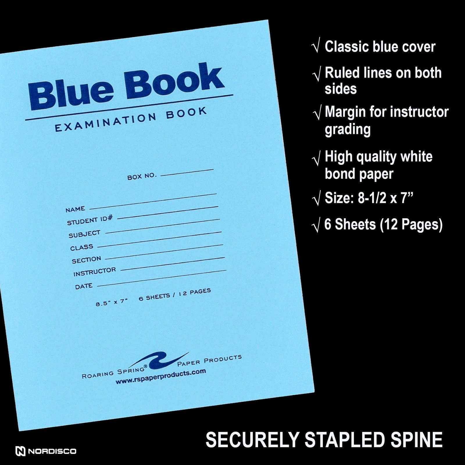 Blue Book Examination Book 77511, 8.5 x 7″, 6 Sheets (12 Pages), Pack of 10