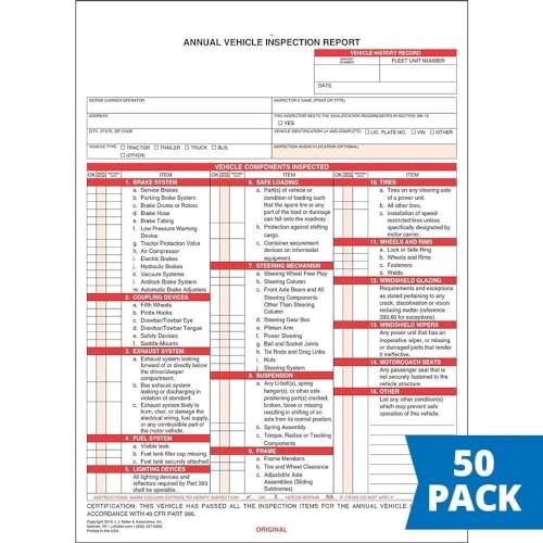 50-Pack Annual Vehicle Inspection Report Forms – 2-Ply Carbonless, DOT Compliant