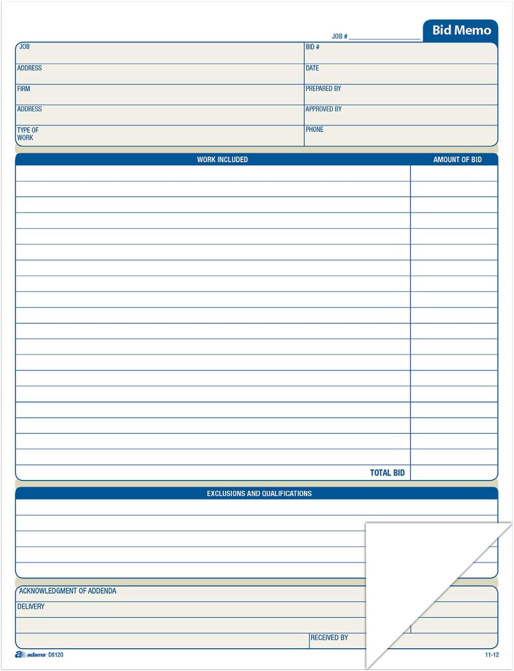 Bid Memos, 8.38 X 11.44 Inches, White, 50 Sheets (D8120)