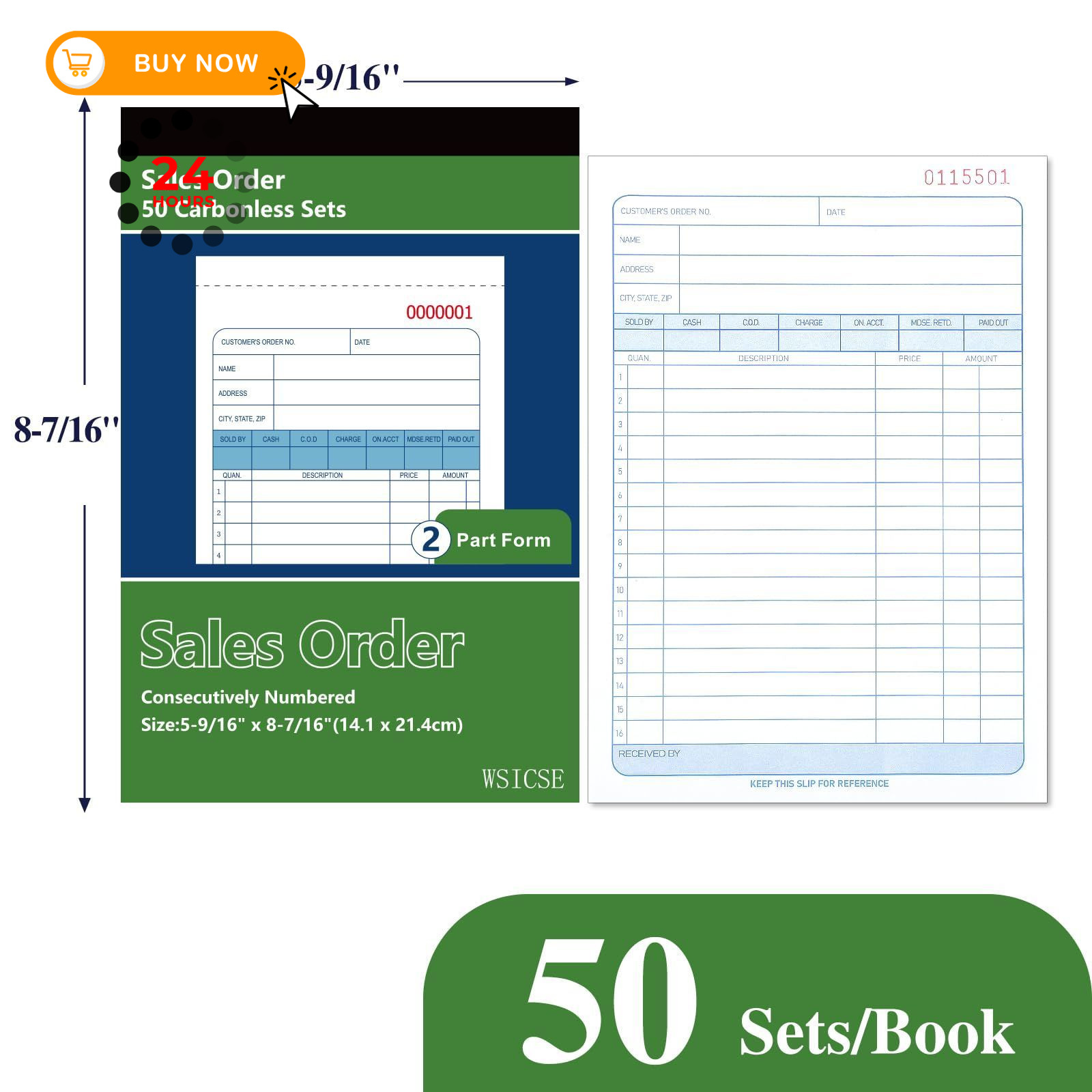 6 Pack Sales Order Book, 5-9/16 x 8-7/16″ Receipt Book with Carbon…