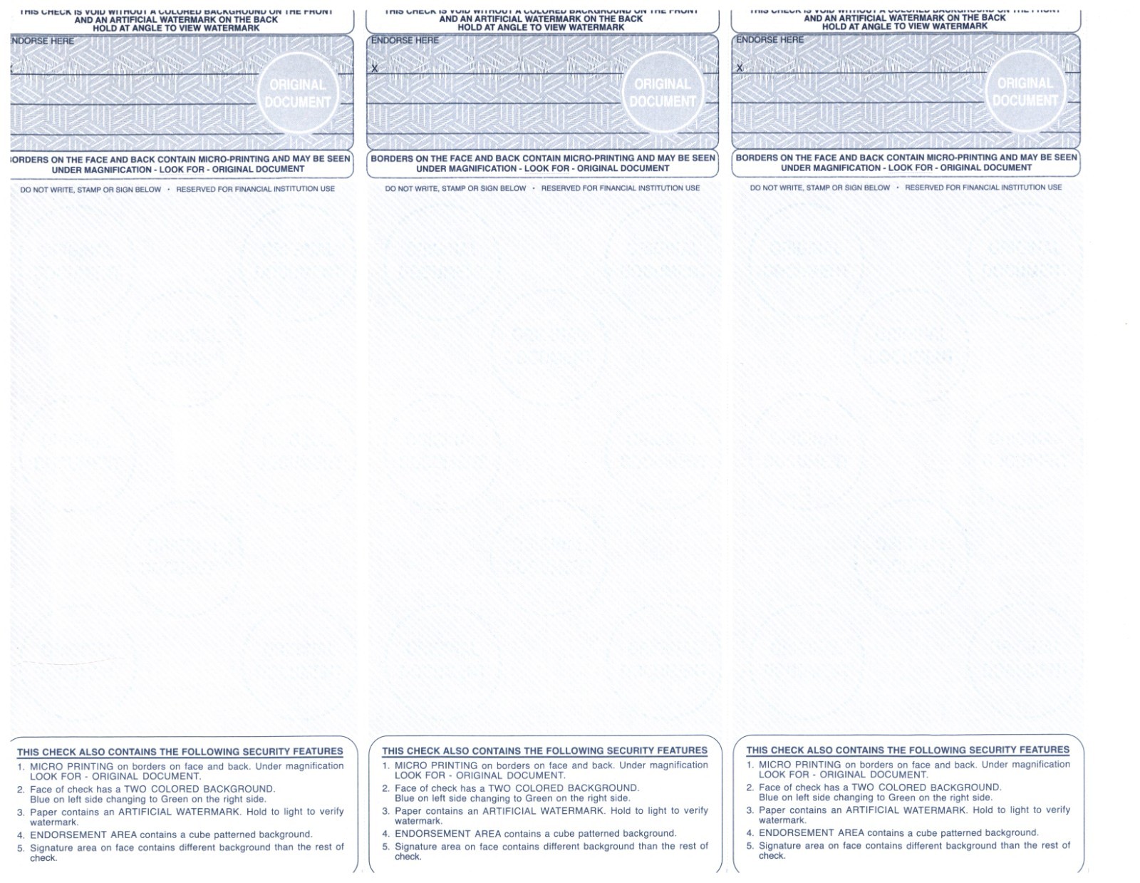 3-Up Computer Printerable Check Stock Blue Green Diamond 950 Sheets
