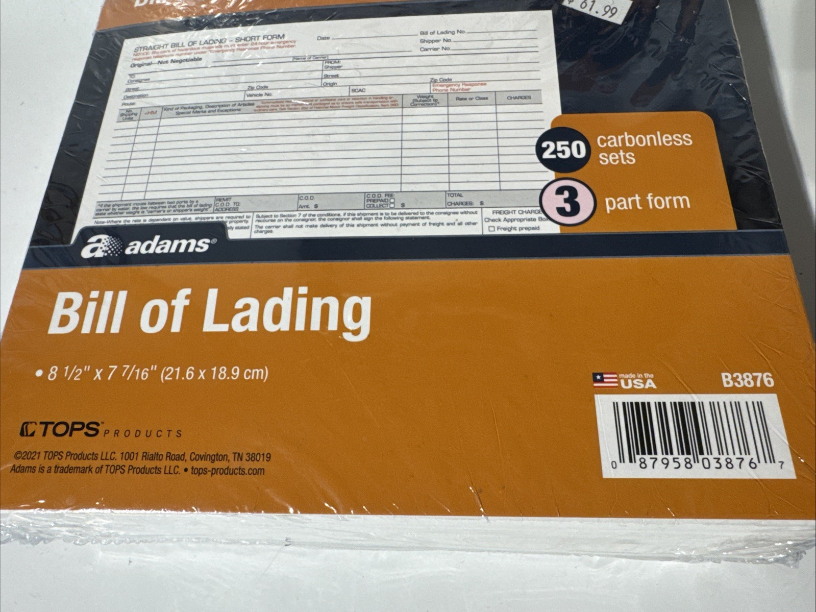 Adams Bill of Lading Short Form, 8-1/2 x 7-7/16 Inches, White, 3-Part, 500-Count
