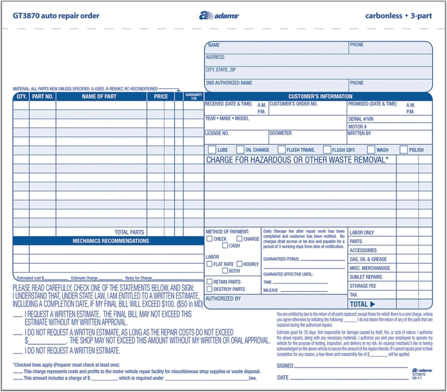 Adams Auto Repair Order Forms, 8.5″ X 7.44″, 3-Part, Carbonless, 50-Pack