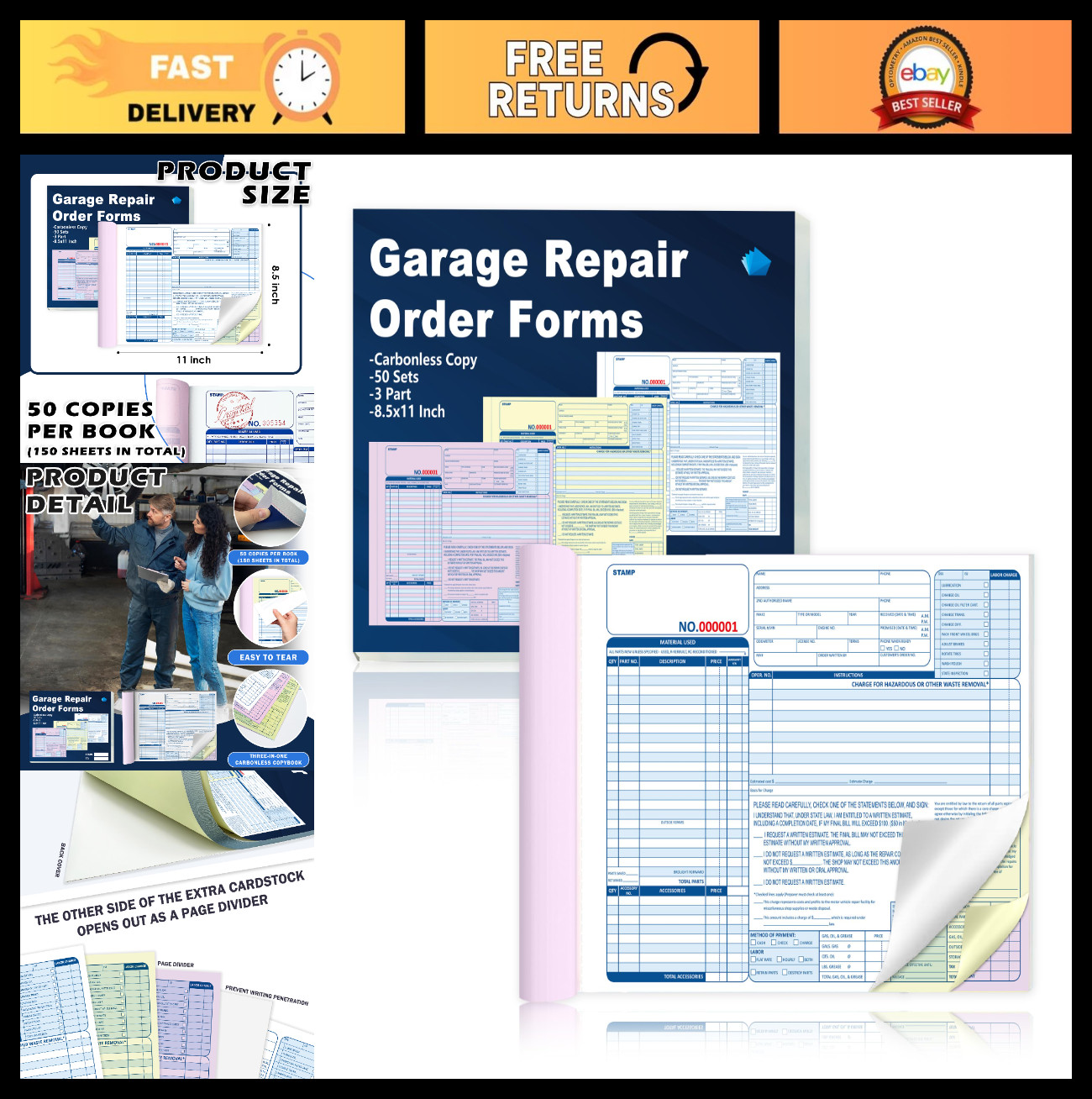 100 Sets Carbonless Auto Repair Order Forms 8.5×11″ – Garage & Mechanic Use