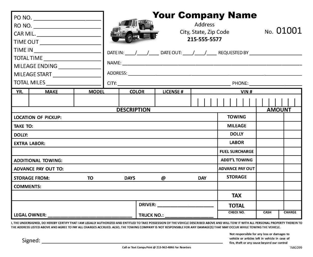 Towing Wrecker Invoice Form in Black & White / 8.5 X 7 / 2 or 3 Part / TMG099