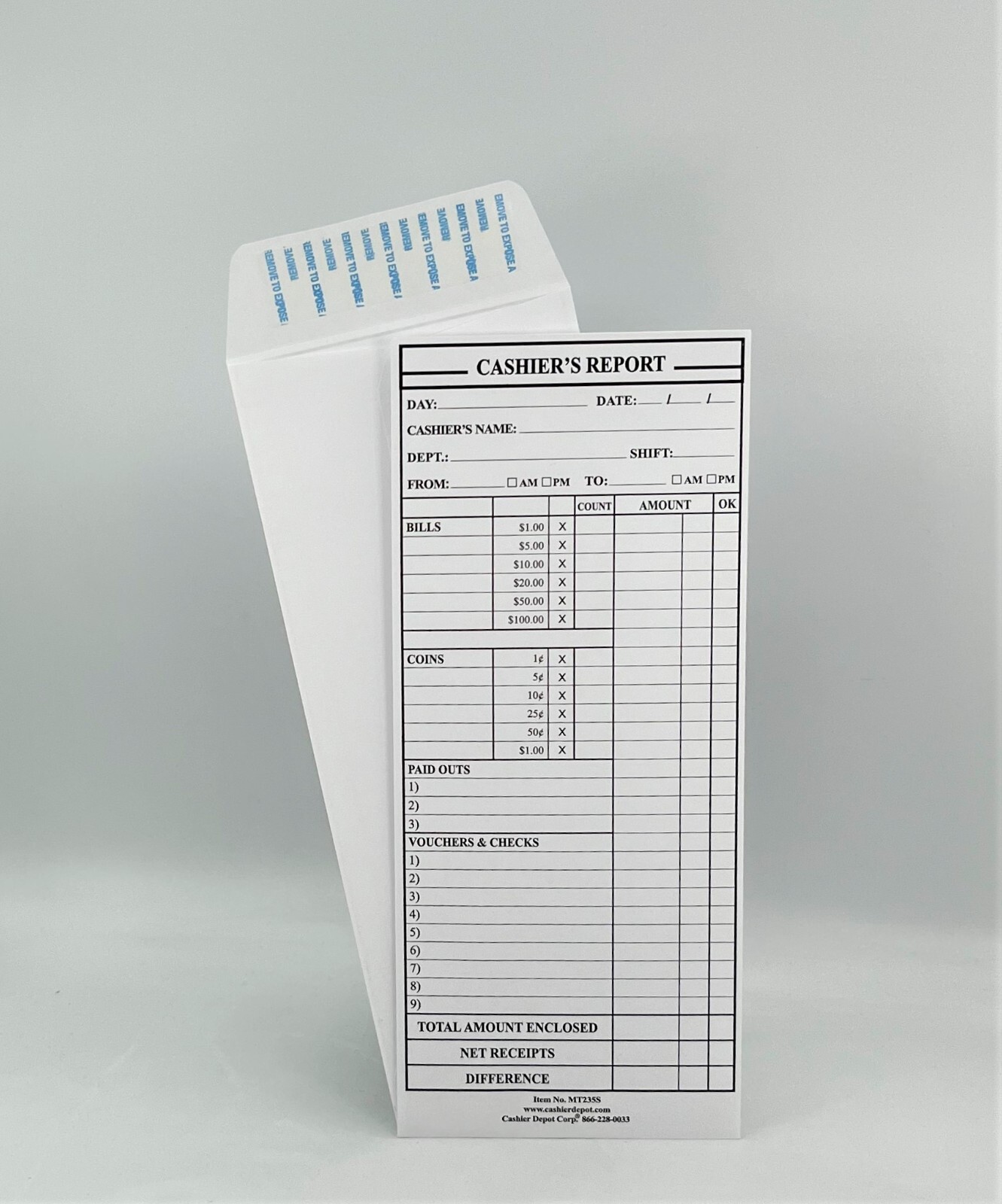 Cashier’s Report Envelope, MT235S, 4 1/2″ x 10 3/8″, White 24lb, P&S 500/Box