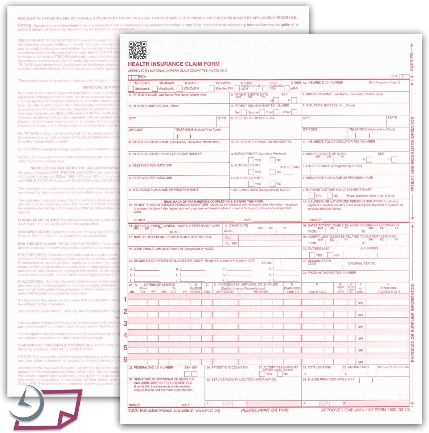 CMS 1500 / HCFA 1500 Insurance Claim Forms – Laser/Ink-Jet Compatible New Ver…