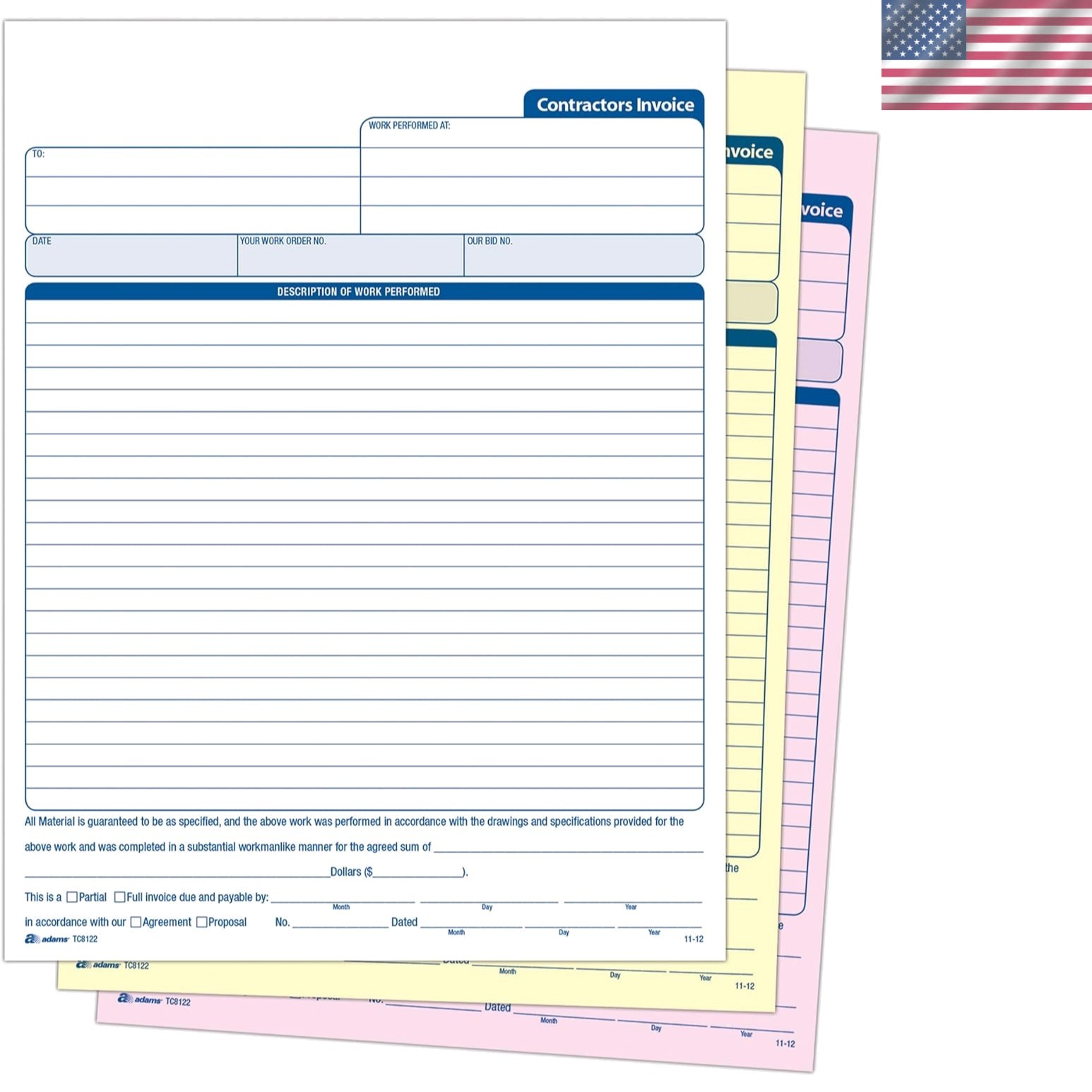 Contractor’s Invoice Book with Large Description Area – 3-Part Carbonless Forms