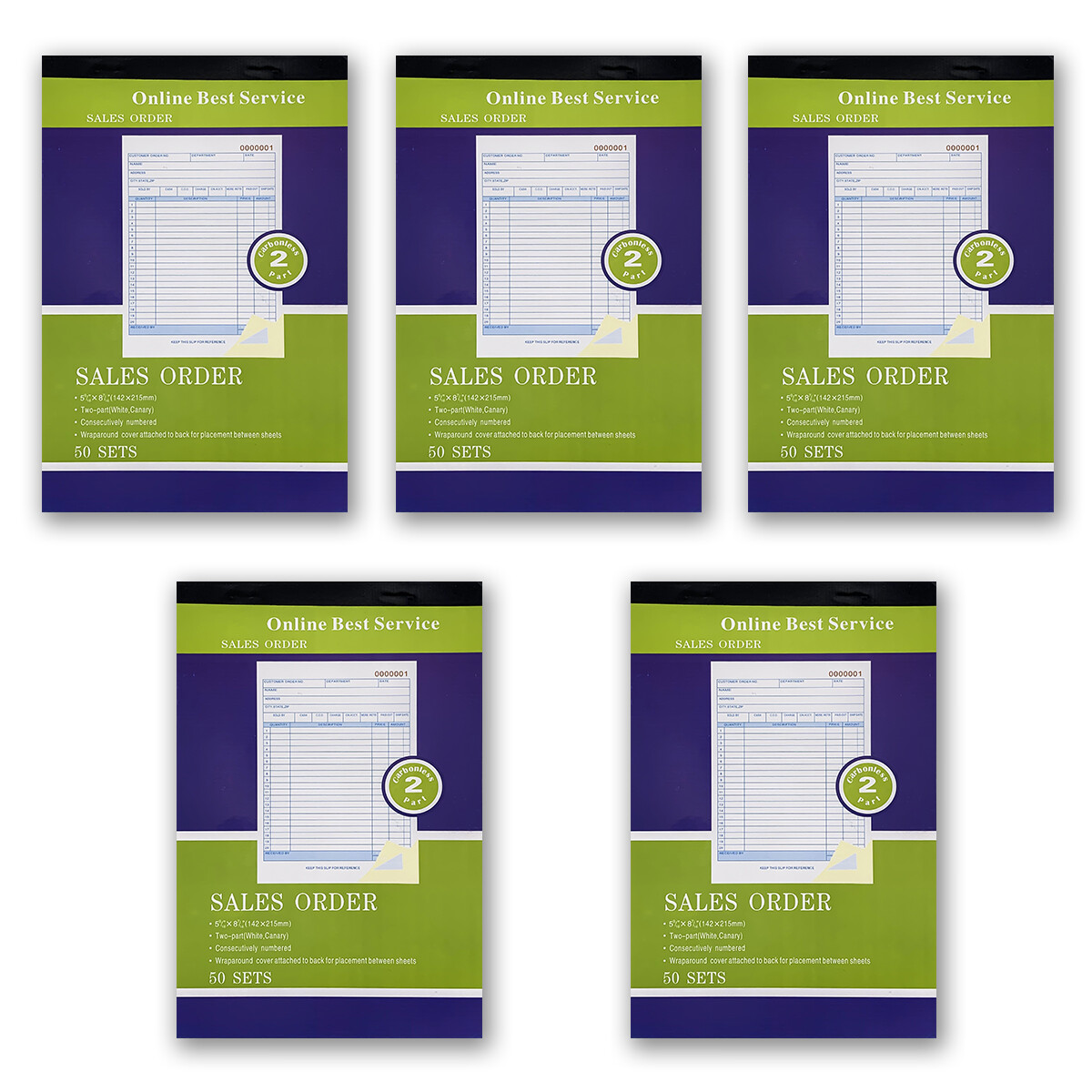5 Pack Receipt Large Sales Order Book Invoice Duplicate Copy 50 Sets 5.5″ X 8″5