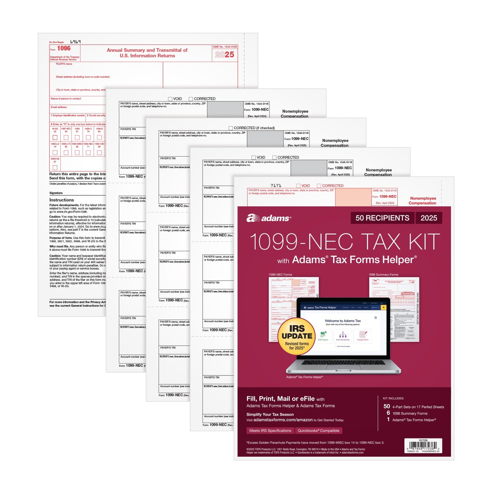 Adams 1099 NEC Forms 2025, 4-Part Kit for 50 Recipients, Includes 6 1096…