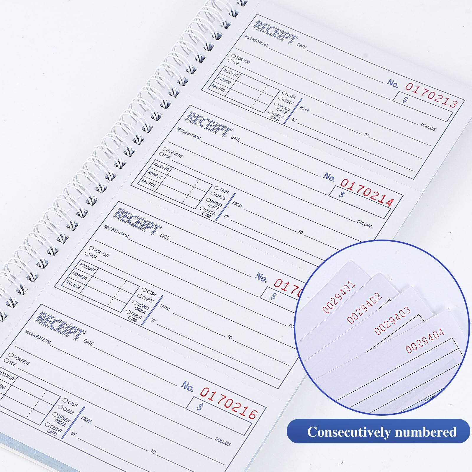 2 Pack Receipt Books with Carbon Copies, Rent Book, 3-Part Blue+red