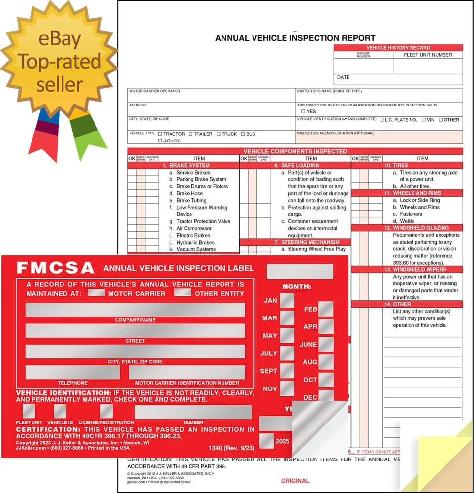 10-Pack Annual Vehicle Inspection Report Form & Red FMCSA Label Aluminum