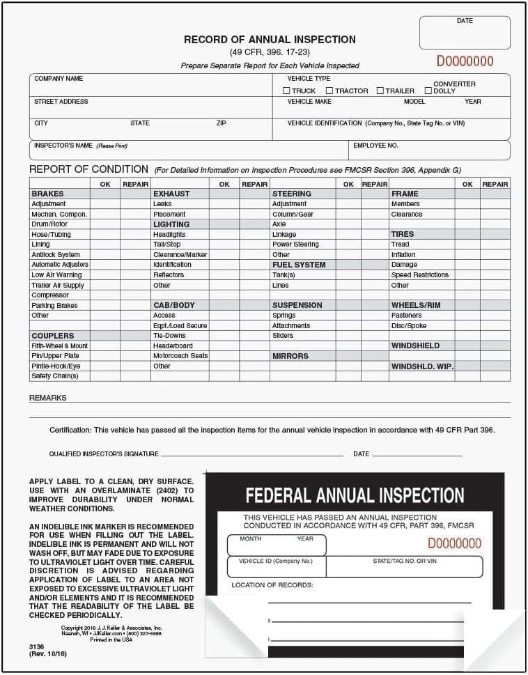 J. J. Keller 50-Pack Inspection Forms – 2-Ply Carbonless, Fade Resistant Labels