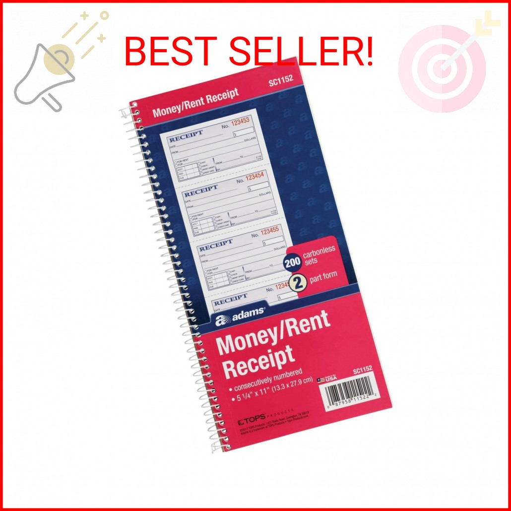 Adams Money and Rent Receipt Book, 2-Part Carbonless, 5-1/4″ x 11″, Spiral Bound