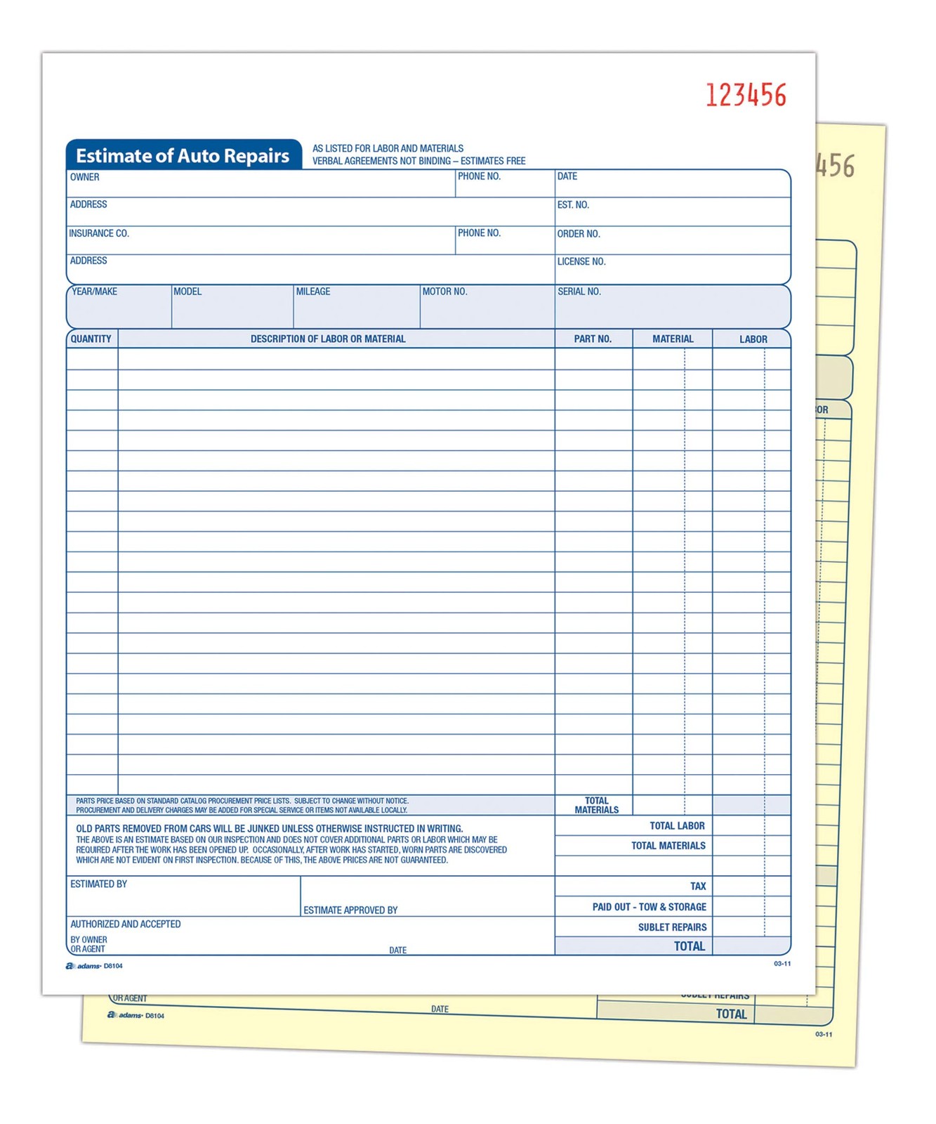 Adams Auto Repair Estimate Book, 2-Part, Carbonless, White/Canary