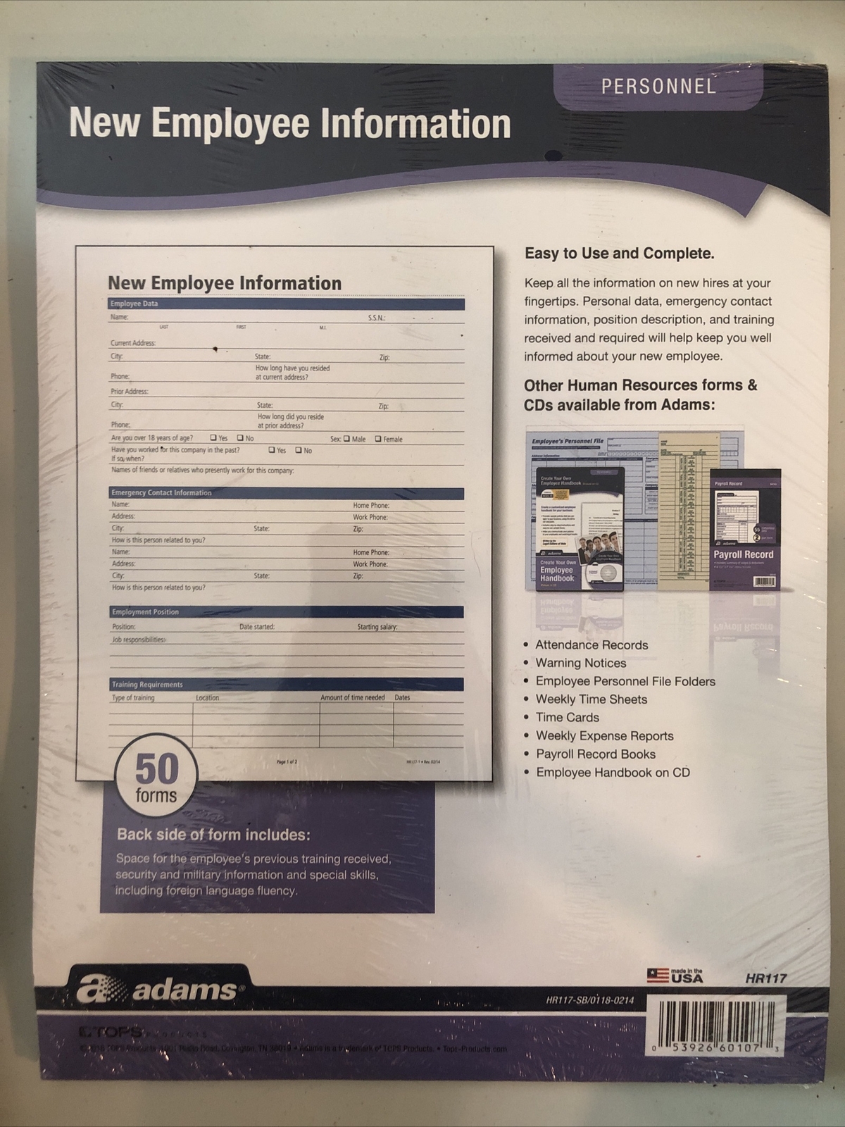 Adams New Employee Information Forms Personnel HR117-SF Two-Sided 50 Forms 2018
