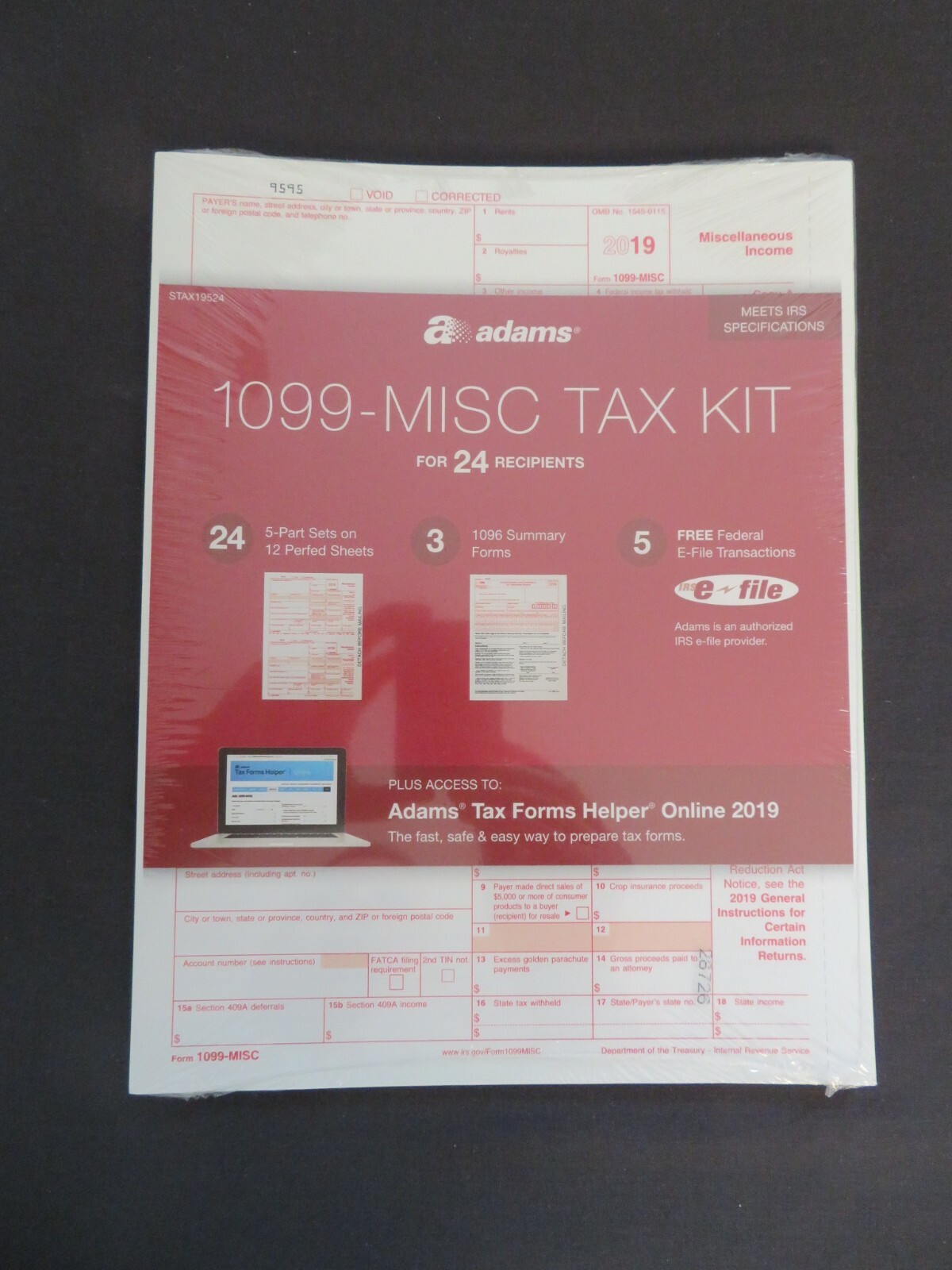 2019 Adams 1099-Misc Tax Kit 24 5-Part Sets, 3 1096 Summary Forms, 5 Free e-File